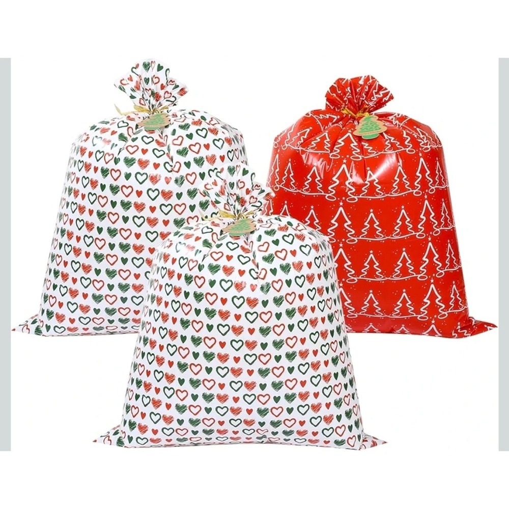 3 Large Christmas Gift Bags 44x36 Reusable Plastic Jumbo Wrap Red White S37